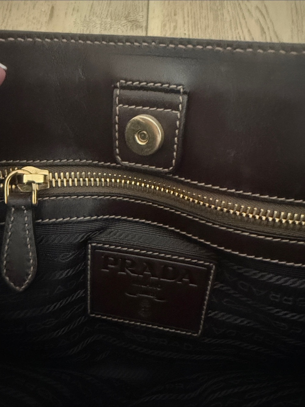 Prada Dark Brown Leather & Canvas Shoulder Bag with Gold Hardware - Picture 2 of 3